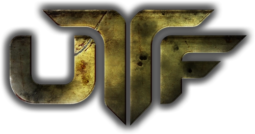 The United Task Force loogo represented aggressively in three styled characters, UTF, batteworn in bronze.